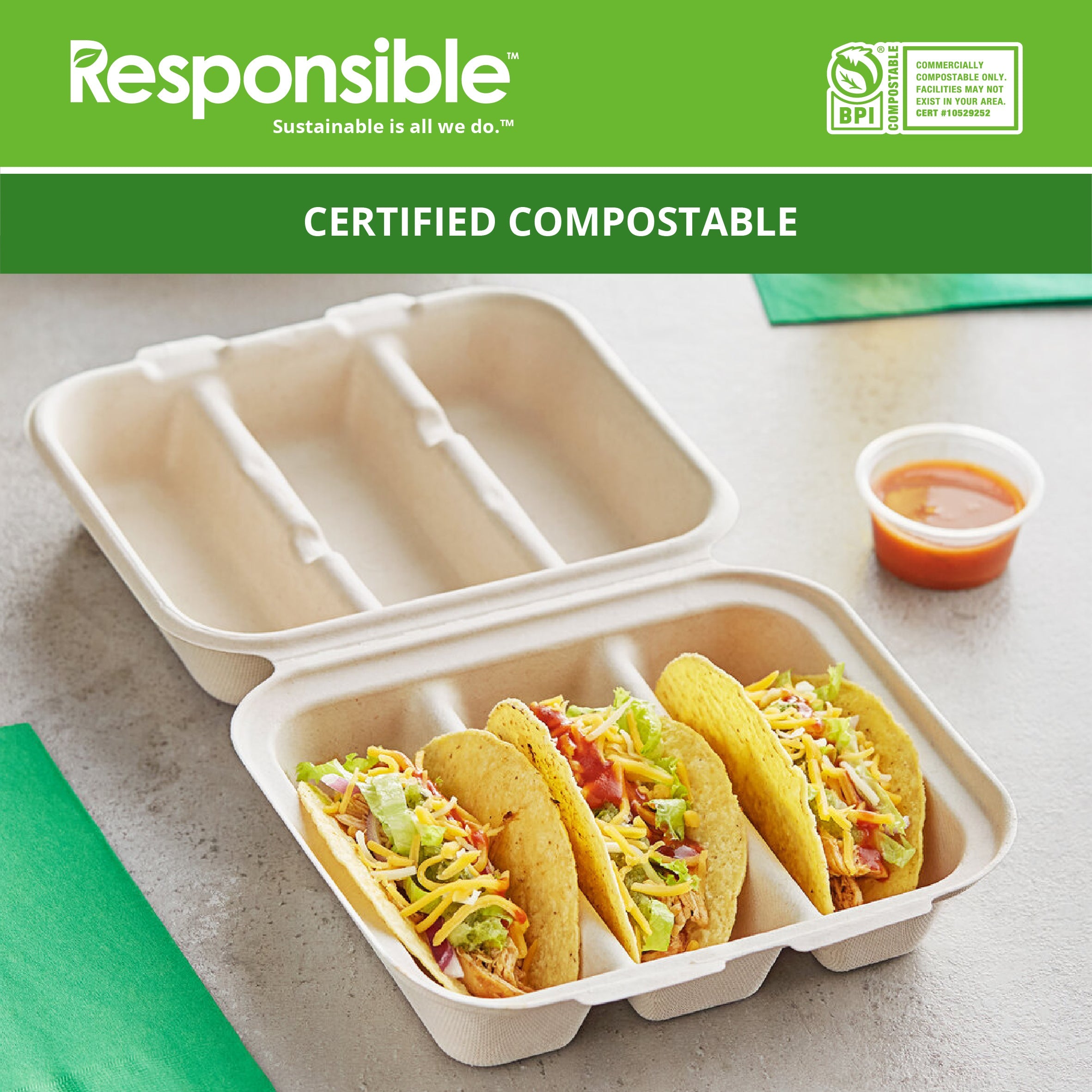 8 x 7 Inch 3-Compartment Hinged Containers | Tree-Less™ Compostable Molded Fiber