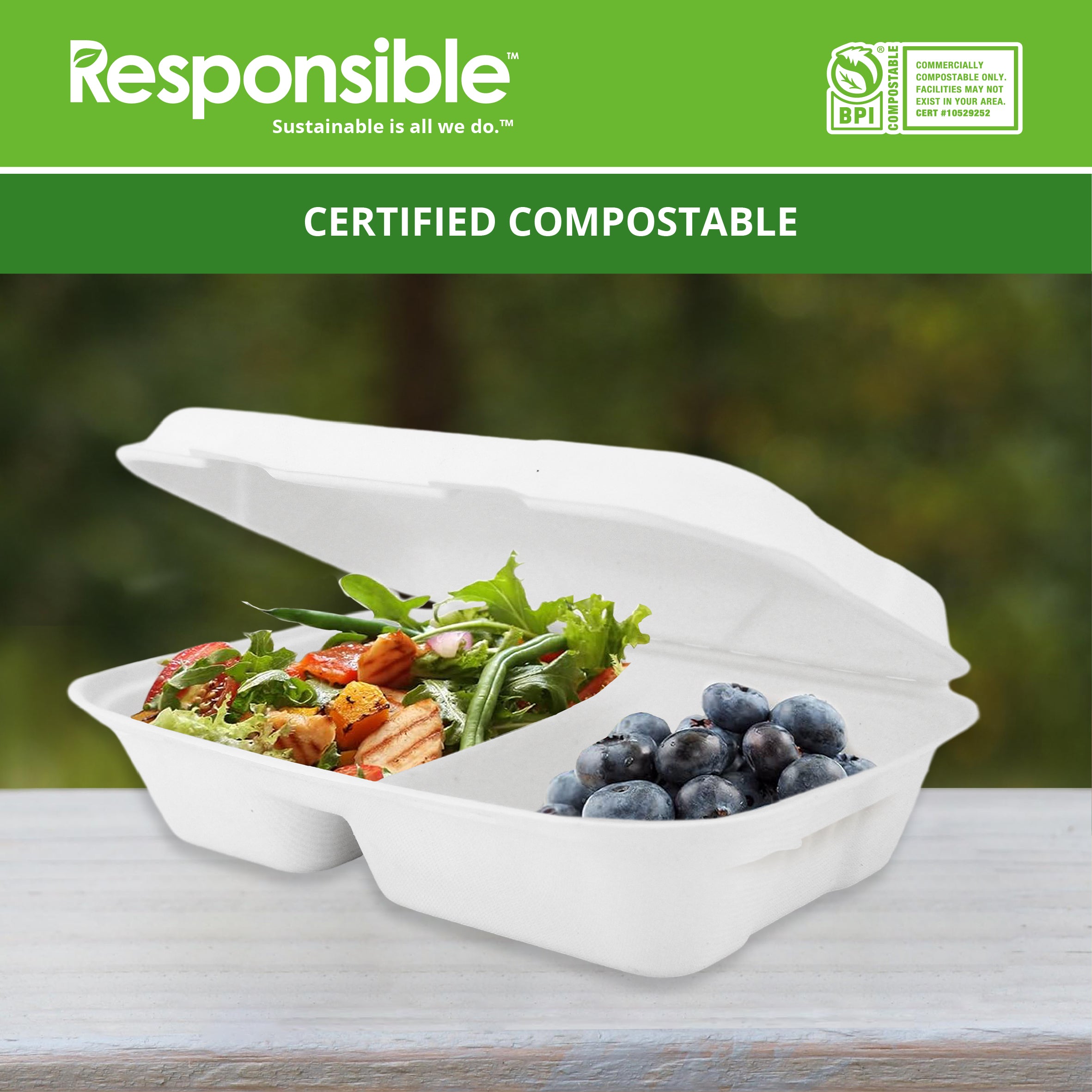 9 x 6 inch 2-Compartment Hinged Containers | Tree-Less™ Compostable Molded Fiber