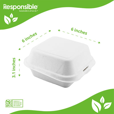 Compostable 6 x 6 inch Molded Fiber Hinged Containers White