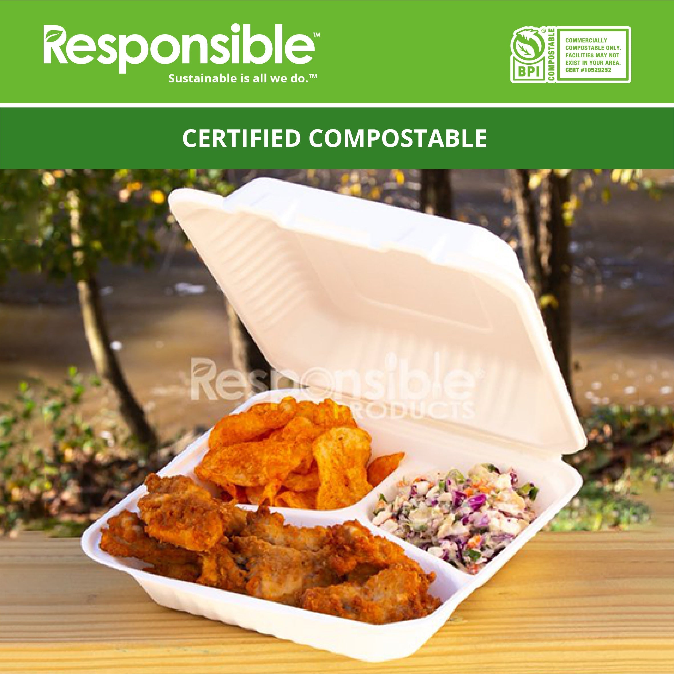 9 inch 3-Compartment Hinged Containers | Tree-Less™ Compostable Molded Fiber