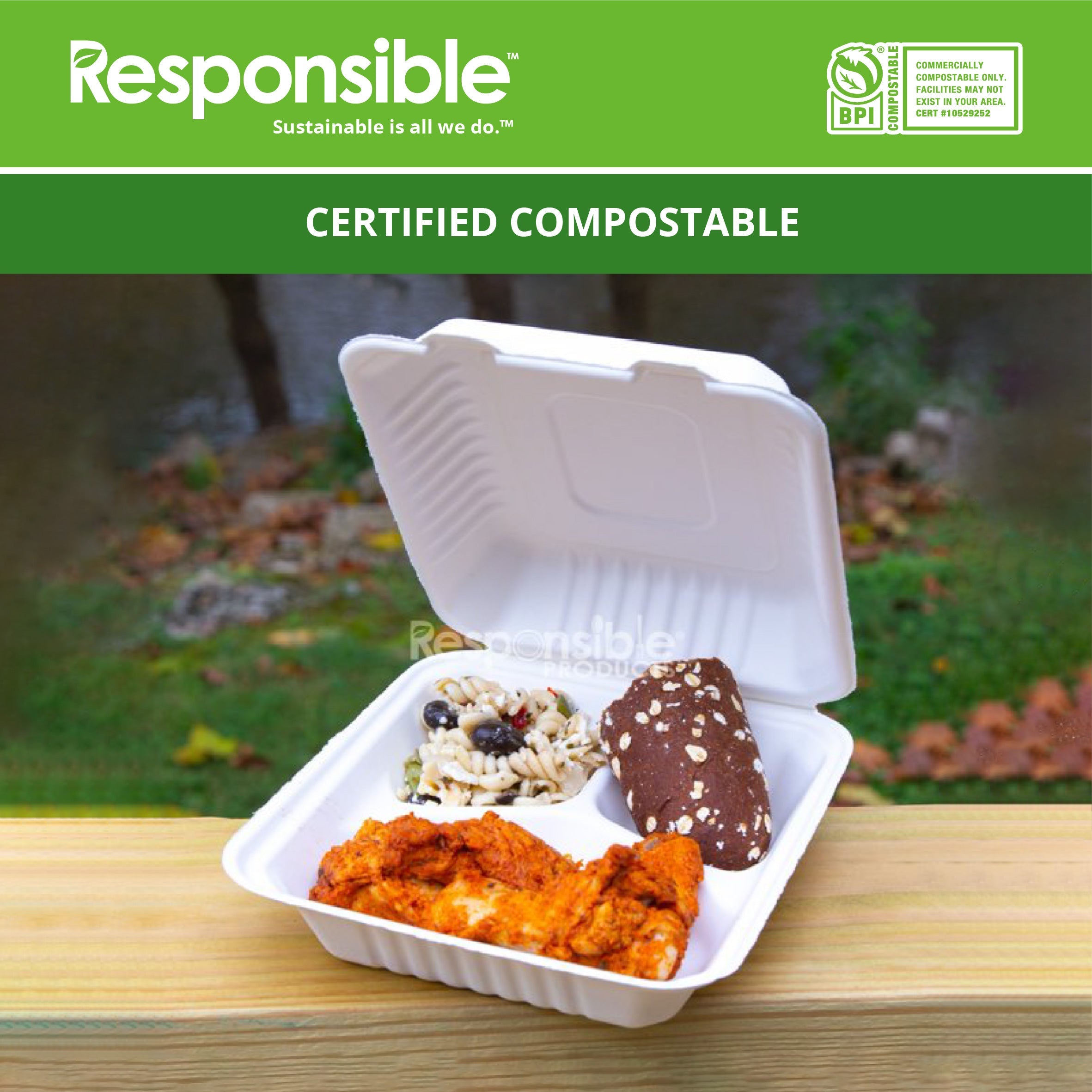 8 inch 3-Compartment Hinged Containers | Tree-Less™ Compostable Molded Fiber