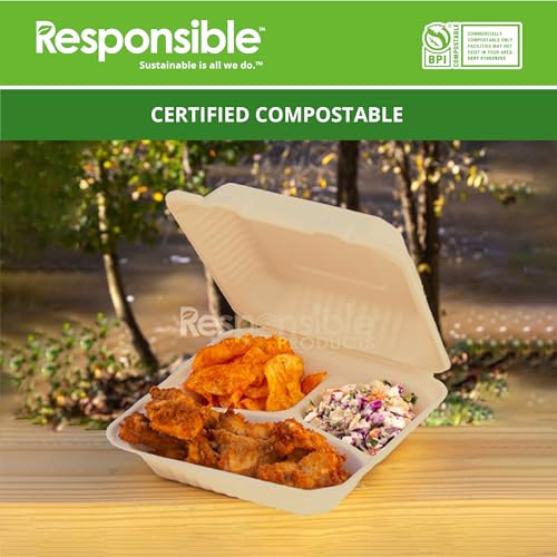 9 inch 3-Compartment Hinged Containers | Tree-Less™ Compostable Molded Fiber