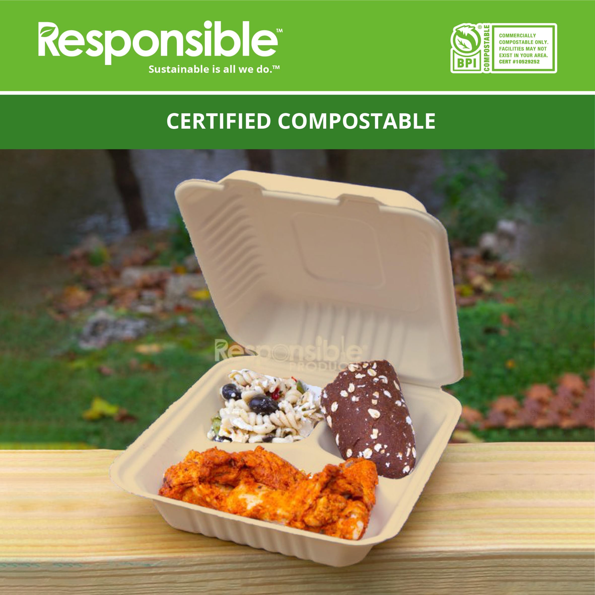 8 inch 3-Compartment Hinged Containers | Tree-Less™ Compostable Molded Fiber