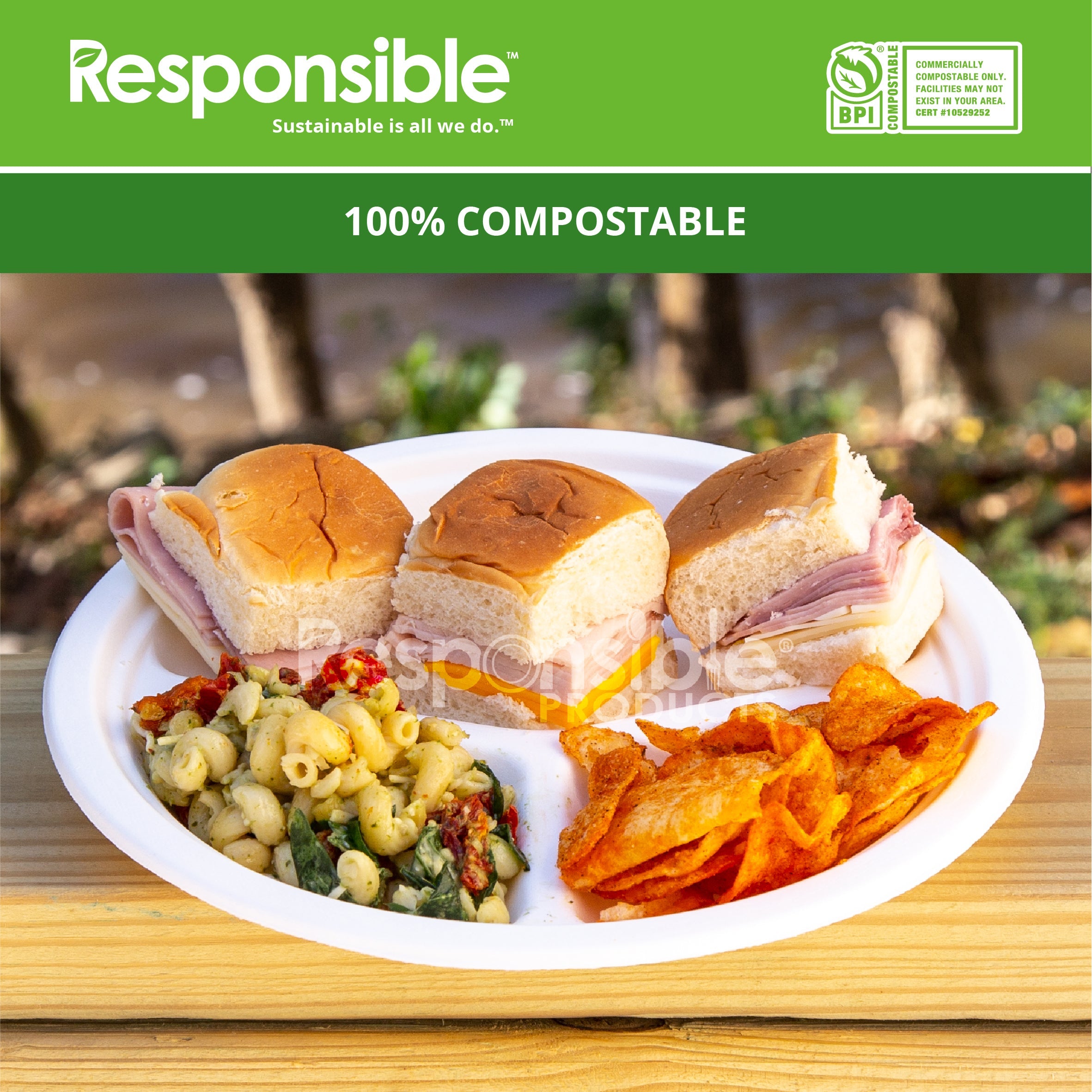 10 Inch Round 3-Compartment Plates | Tree-Less™ Compostable Molded Fiber