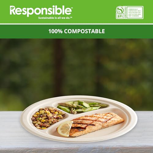 10 Inch Round 3-Compartment Plates | Tree-Less™ Compostable Molded Fiber