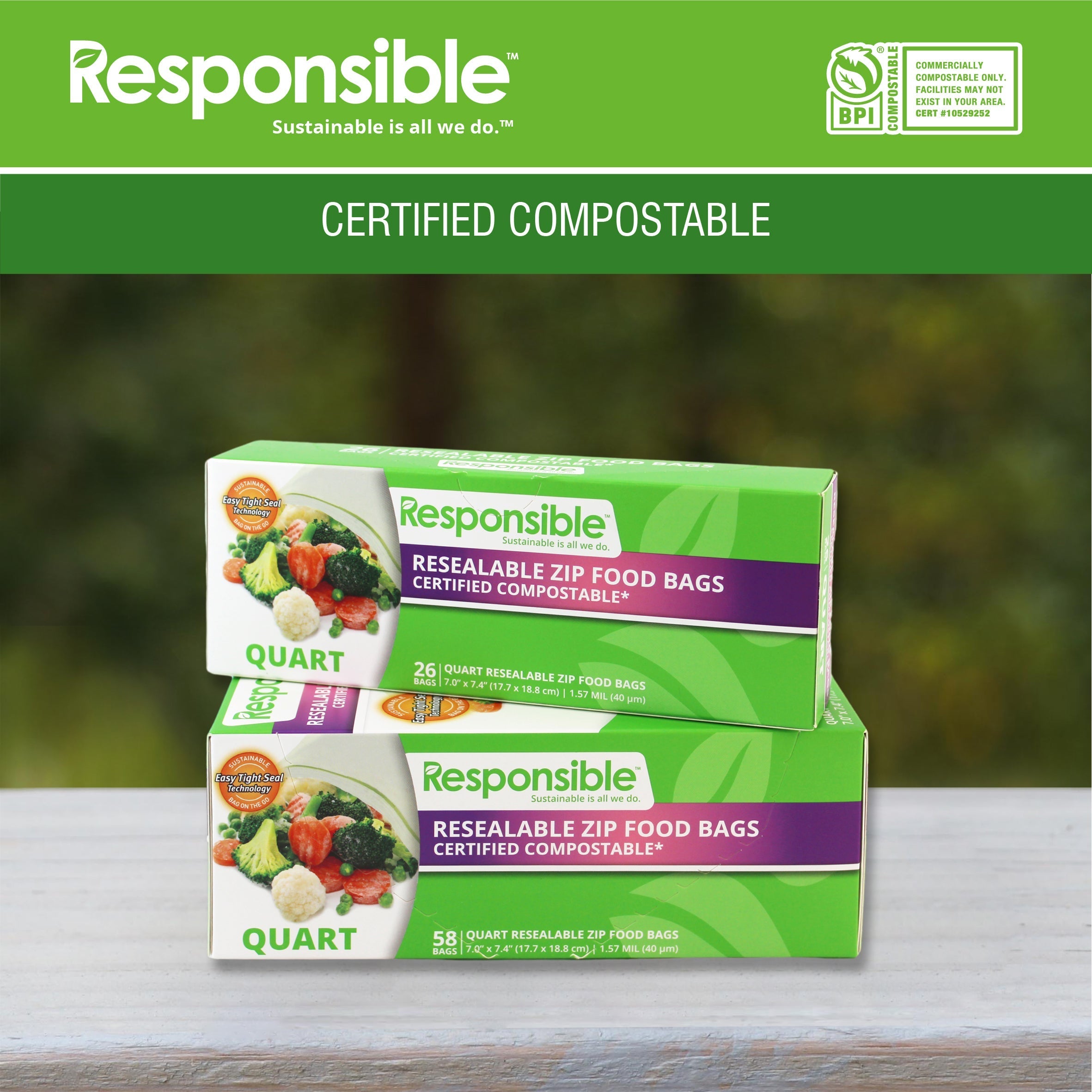 Compostable Quart Resealable Zip Bag (58 Count)