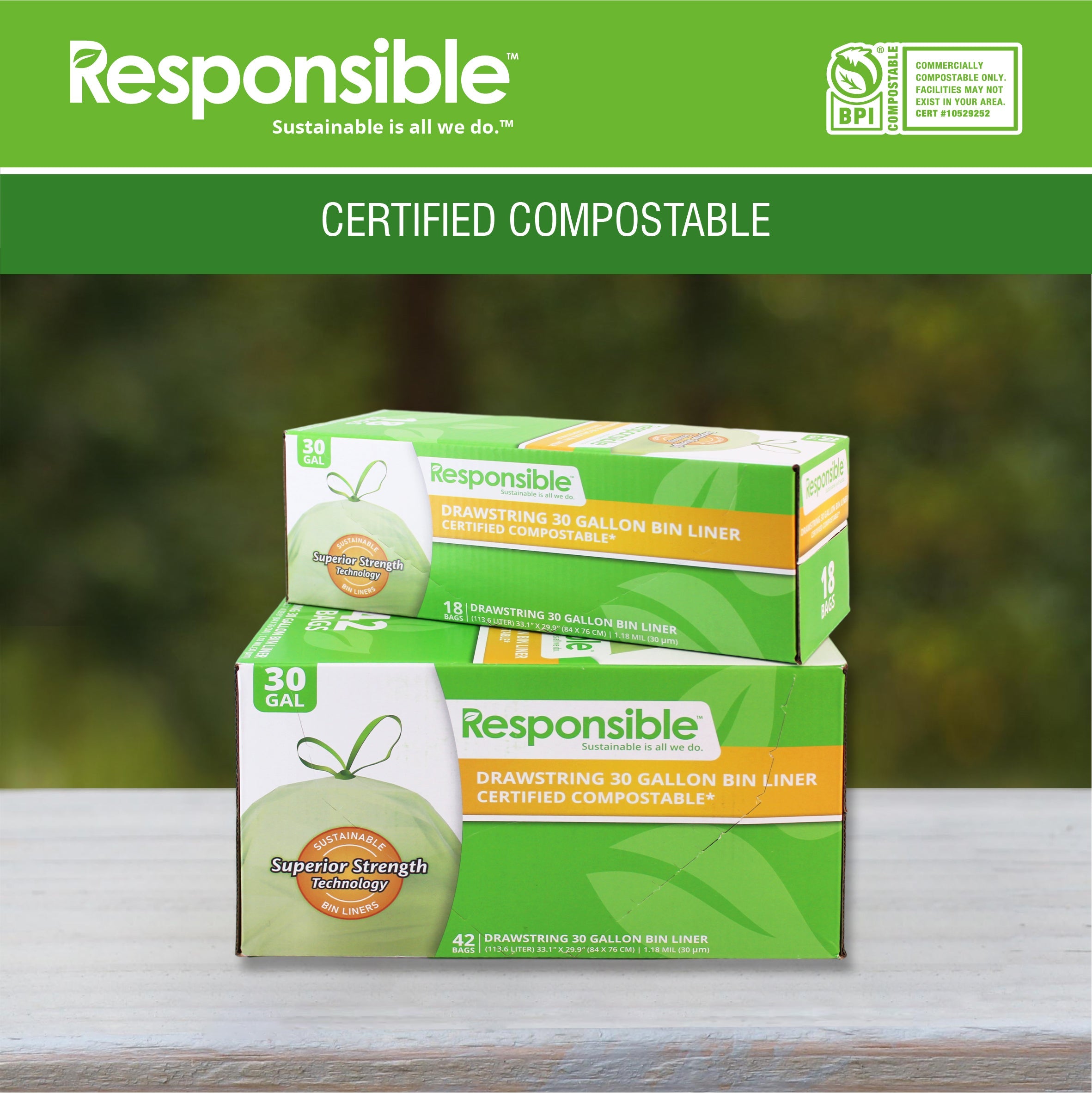 Drawstring 30 Gallon Compostable Bin Liners 18CT