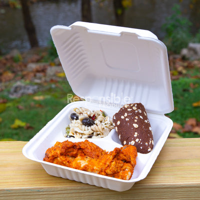 8 x 8 inch 3-C TREE-LESS™ Molded Fiber Compostable Hinged Container
