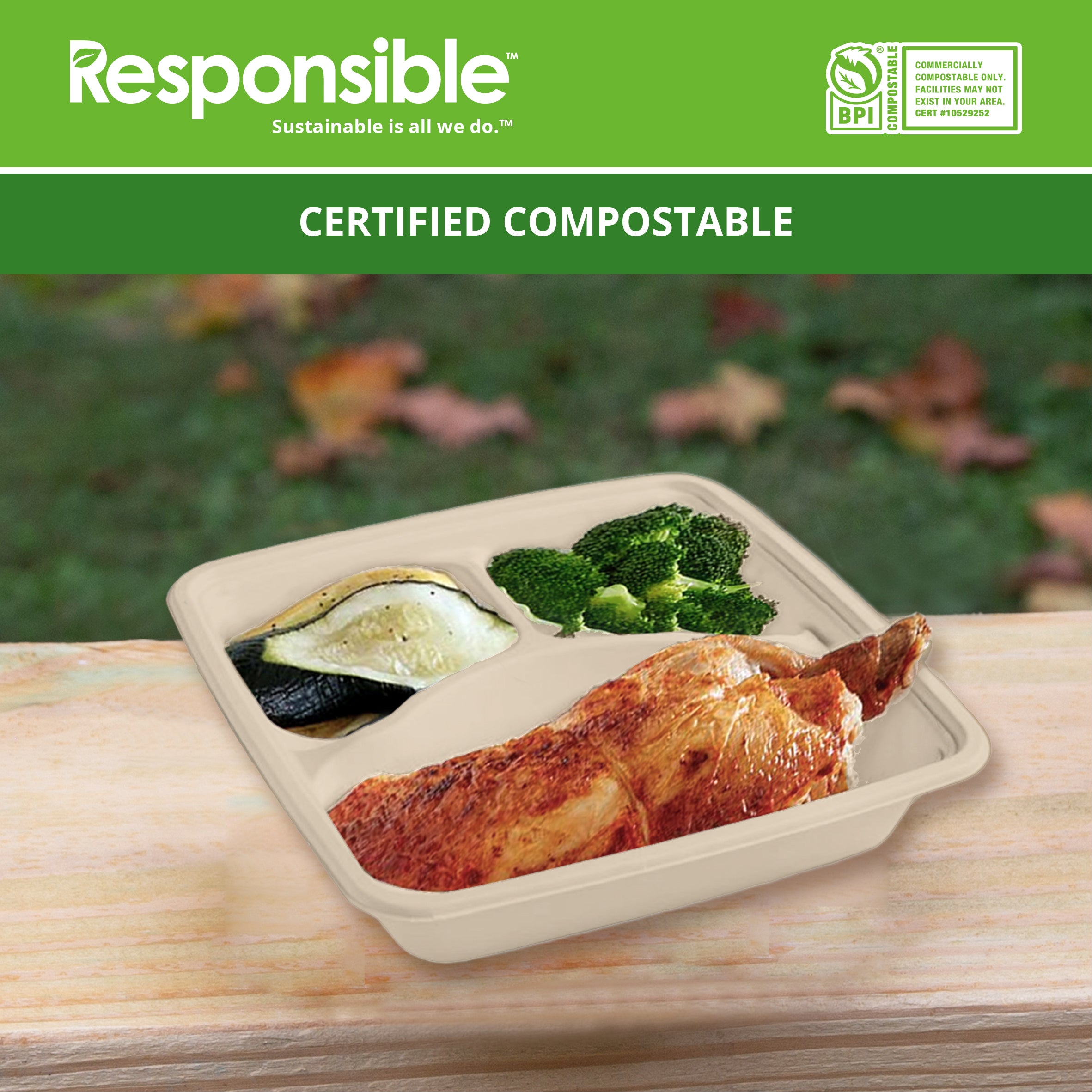 9 Inch 3-Compartment Square Plates | Tree-Less™ Compostable Molded Fiber