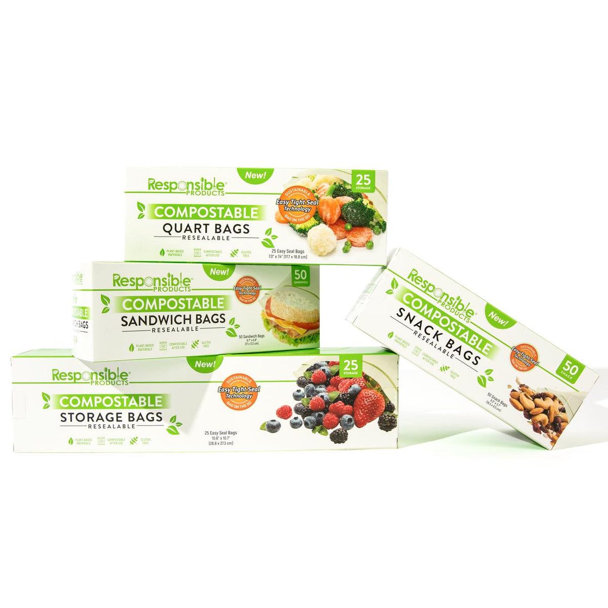 Starter Certified Compostable Resealable Food Bag Value Bundle Pack (One of Every Size!)